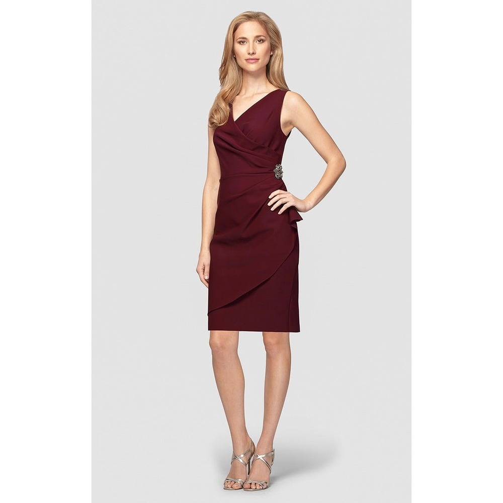Alex Evenings Compression Sheath Dress 14 Plum Wedding Guest Cocktail Holiday